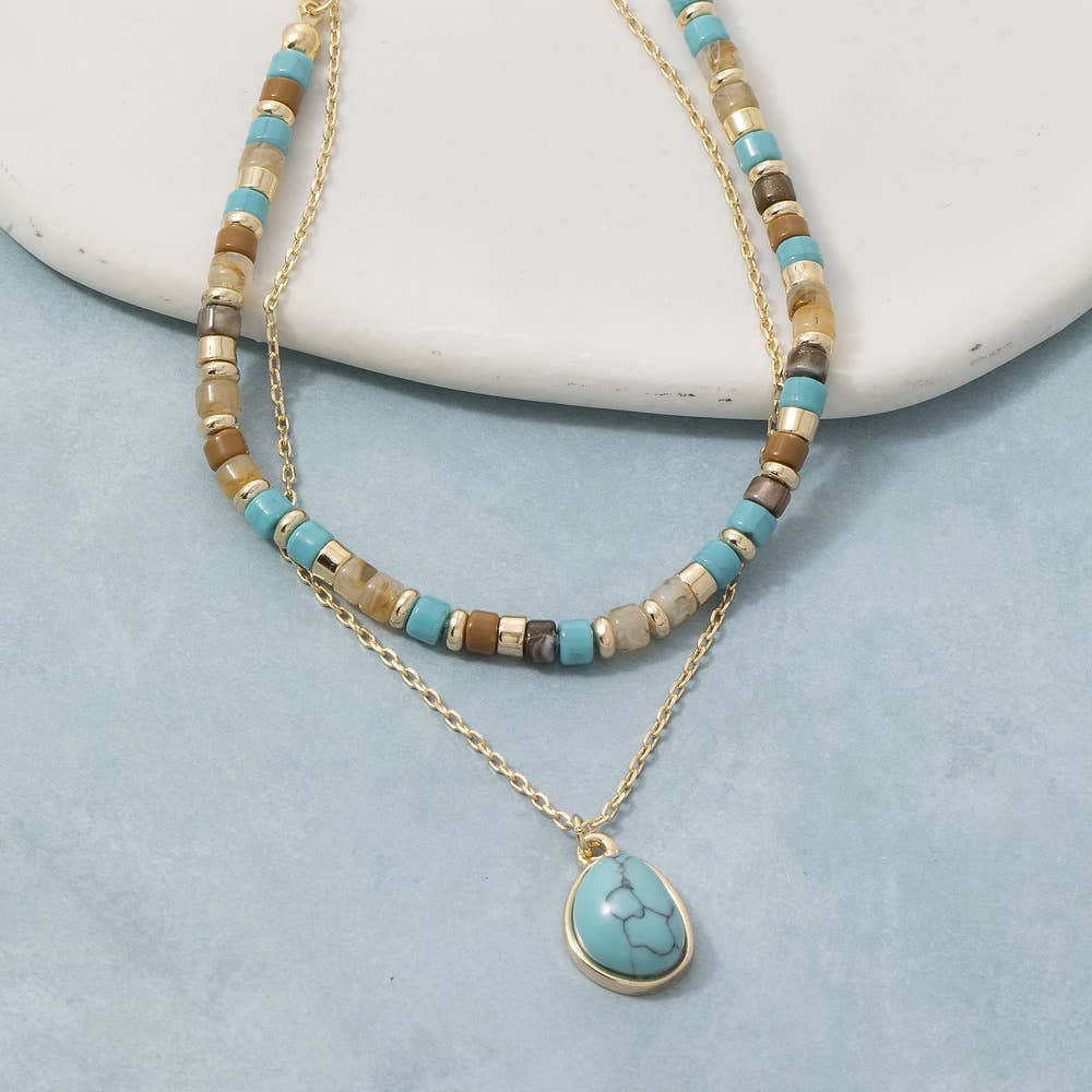 Layered Turquoise Stone Pendant And Bead Necklace