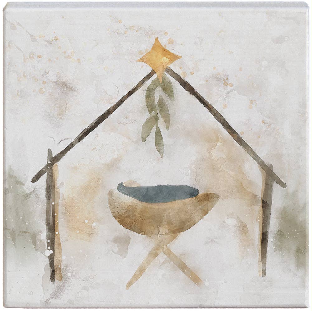 Watercolor Manger Christmas Tabletop Block Sign Decor