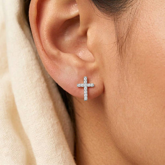 14K Gold Dipped CZ Pave Mini Cross Stud Earrings