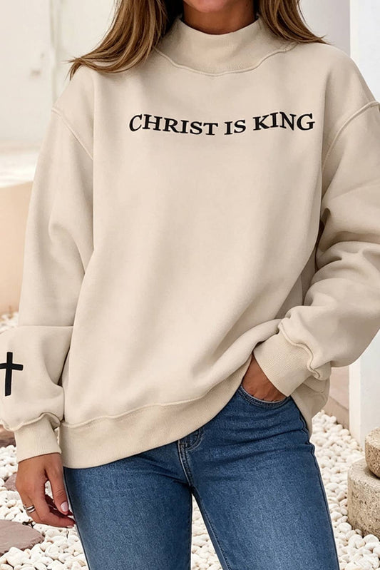 CHRIST IS KING Embroidery Mock Neck Baggy Sweatshirt