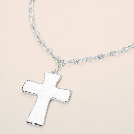 Hammered Metal Cross Pendant Paperclip Link Chain Necklace