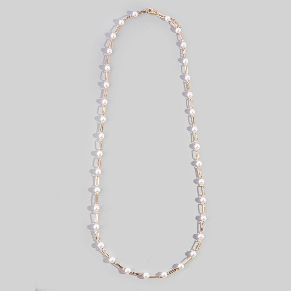 Long Pearl & Paperclip Chain Necklace