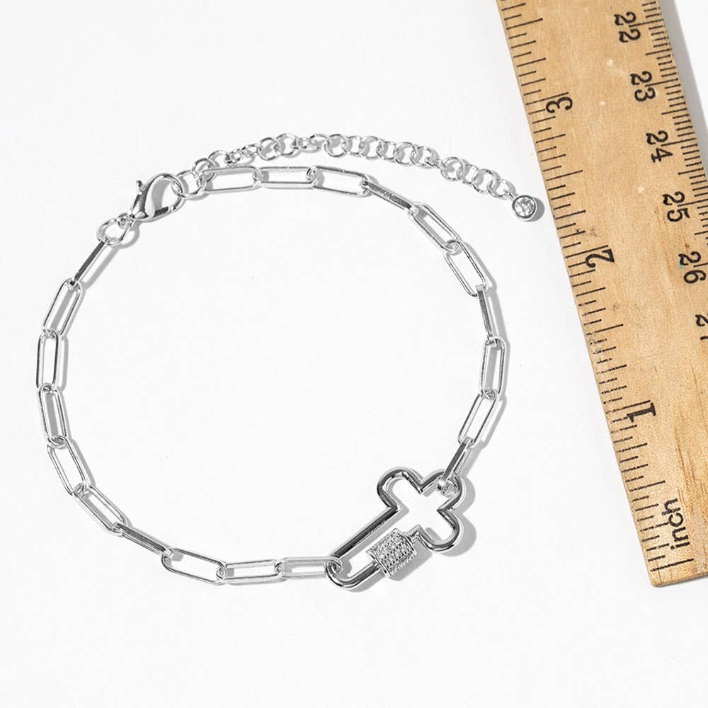 Gold Dipped CZ Stone Paved Open Cross Carabiner Paperclip Link Chain Anklet