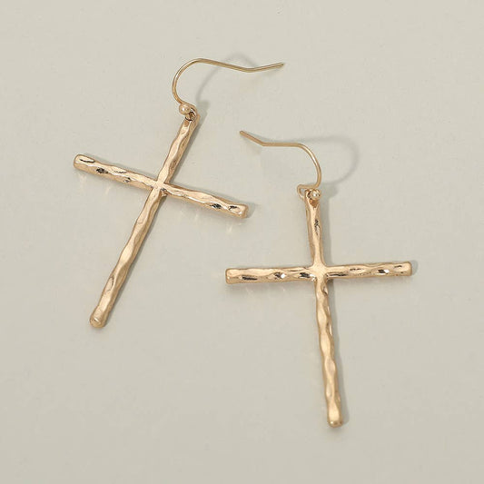 Hammered Metal Cross Charm Drop Dangle Earrings