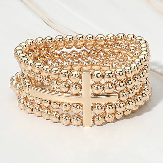 Metal Cross Accent Layered Beaded Strand Stretch Bracelet