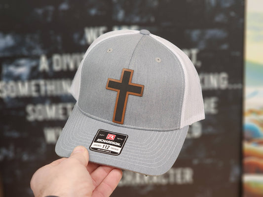 Brown Leatherette Patch Hat – Grey White Mesh Trucker