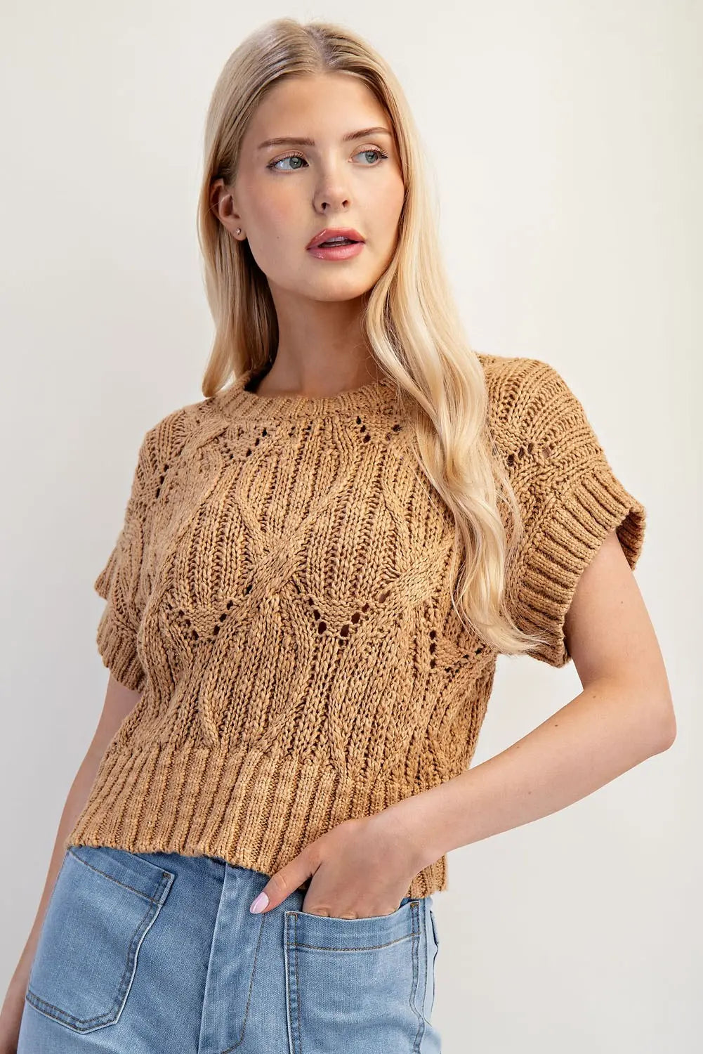 EE:SOME Cable Knit Short Sleeve Sweater Top