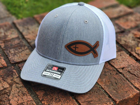 Ichthys Fish Leather Patch Hat – Grey Faith Trucker