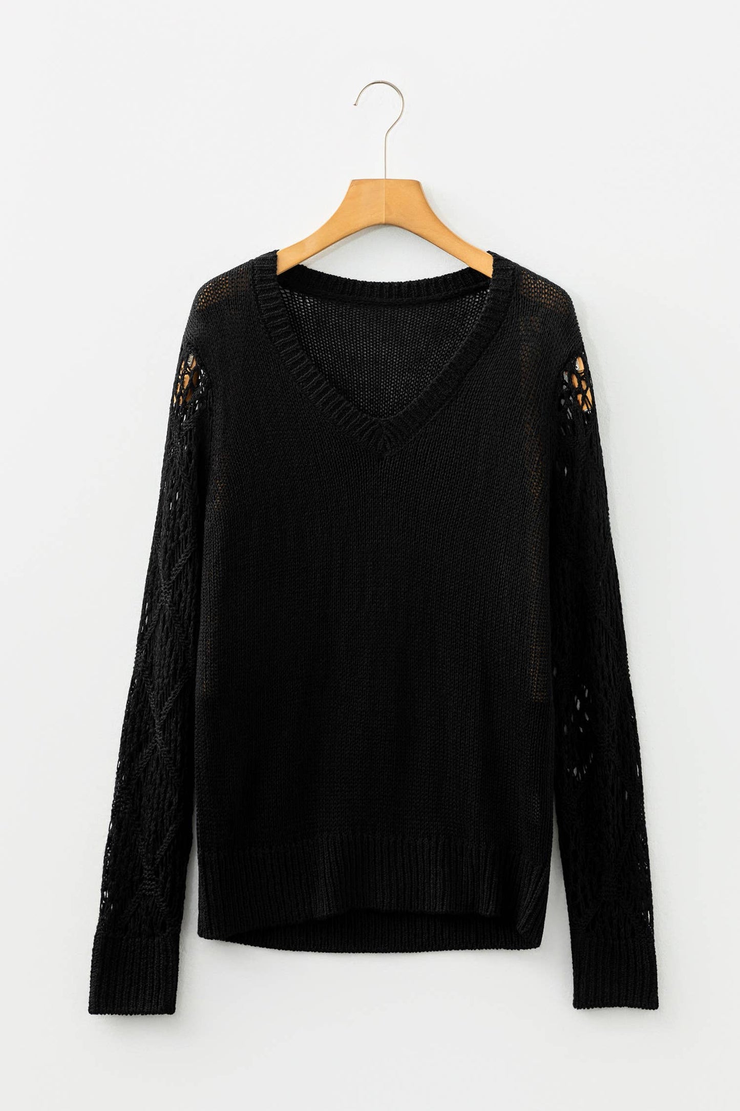 Solid V Neck Pointelle Knit Sleeve Patchwork Sweater (S-XL)