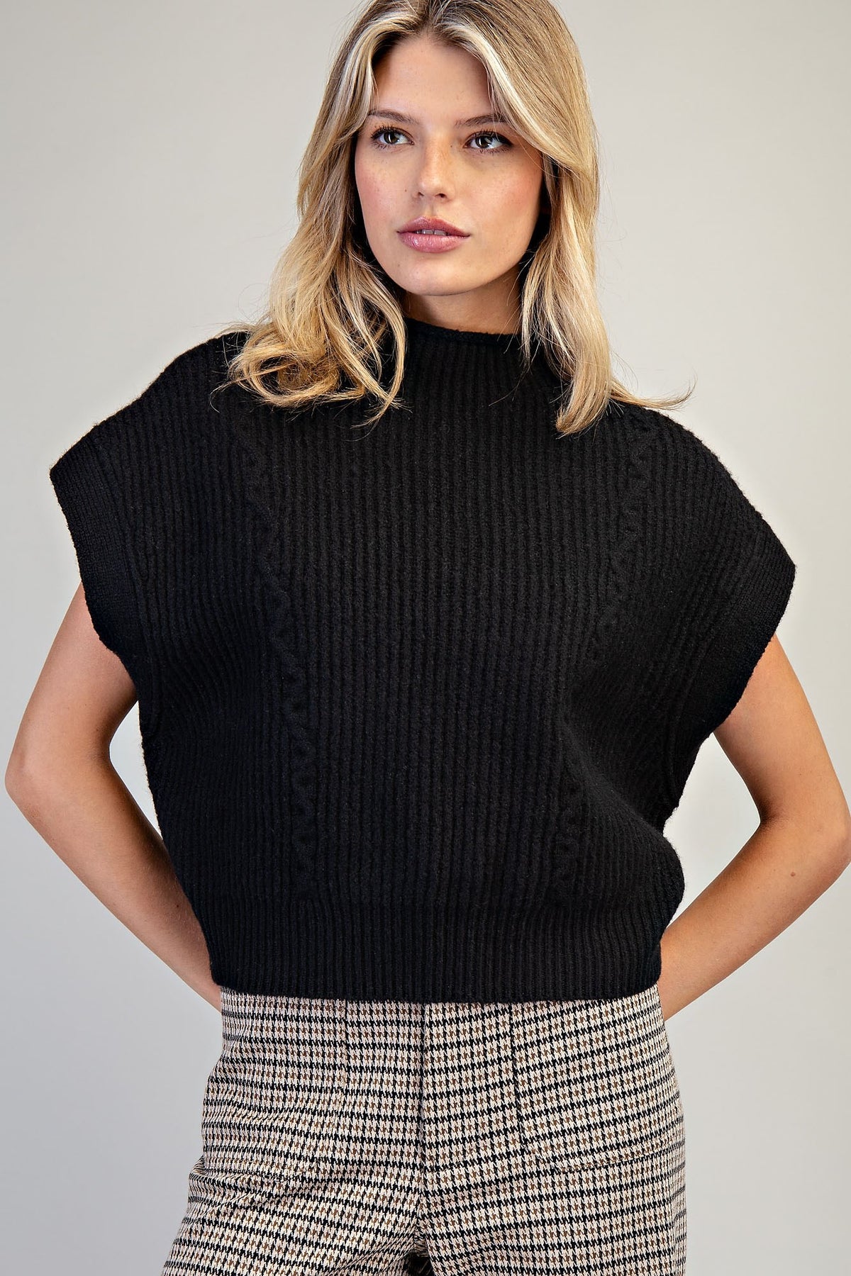 EE:SOME Mock Neck Sleeveless Cropped Sweater- Black