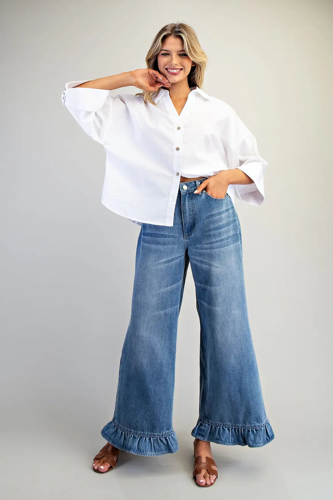 Mineral Washed Ruffle Hem Jeans by EE:SOME