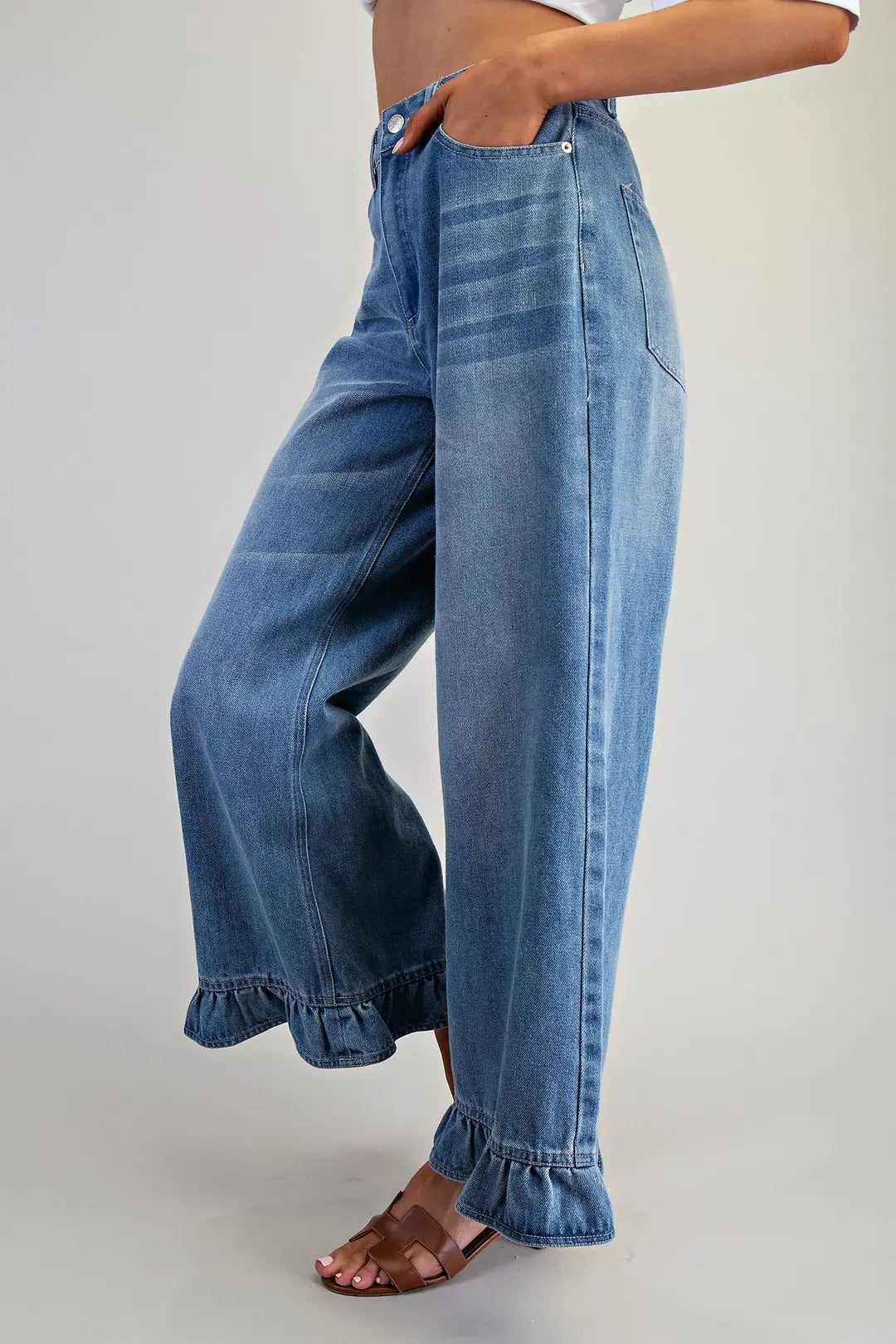 Mineral Washed Ruffle Hem Jeans by EE:SOME