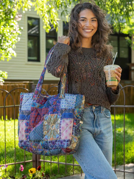 NL Reversible Puffy Tote Bag - Large Blue Patchwork