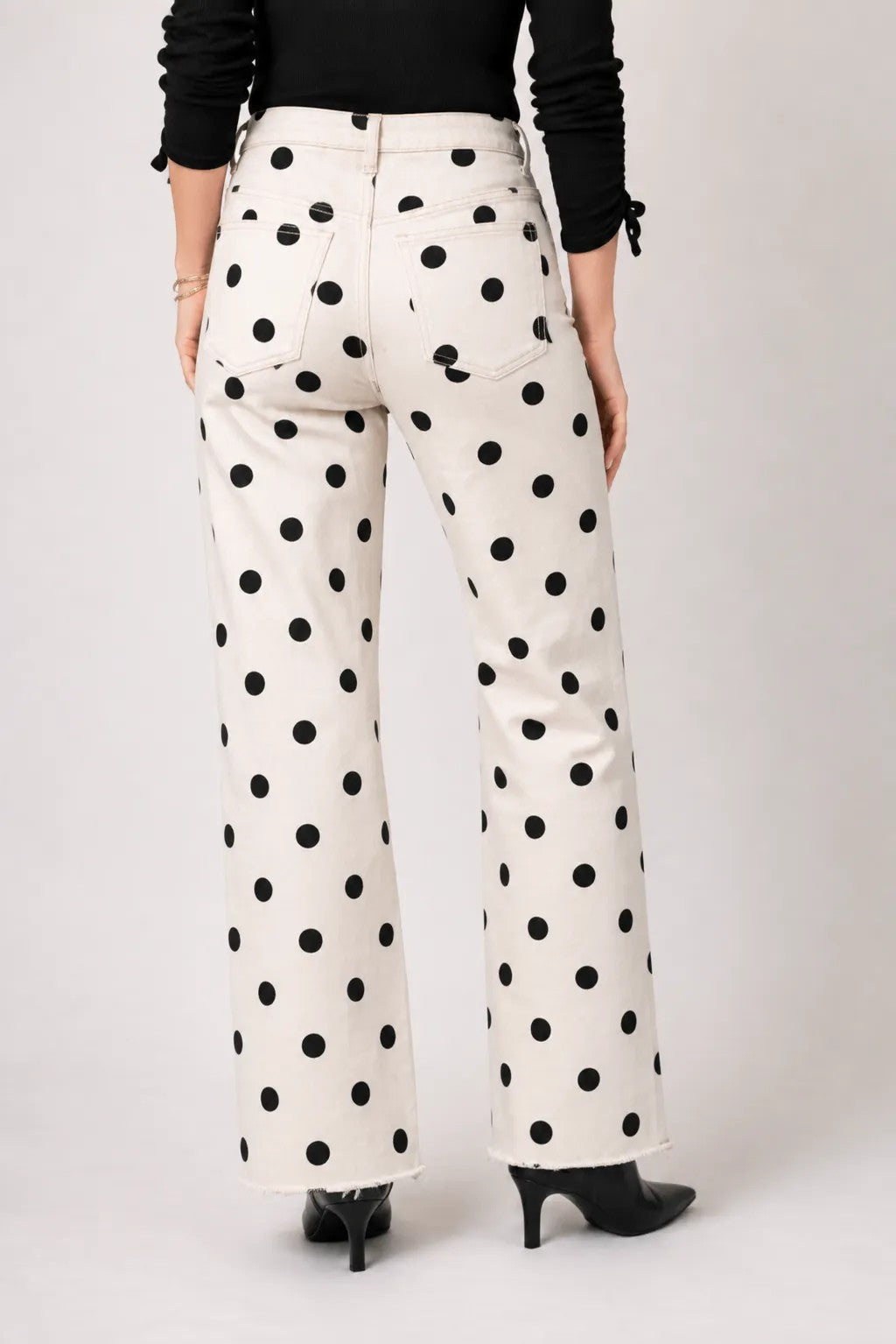 Cafe Polka Dot 31" Inseam Wide Leg Fray Hem Jean