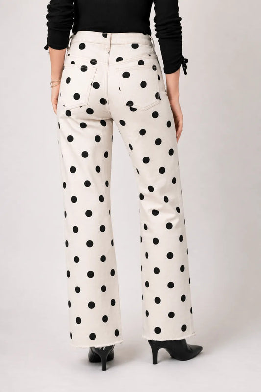 Cafe Polka Dot 31" Inseam Wide Leg Fray Hem Jean
