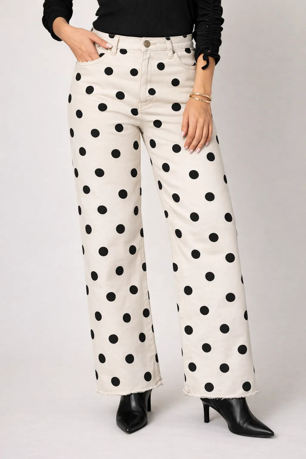 Cafe Polka Dot 31" Inseam Wide Leg Fray Hem Jean