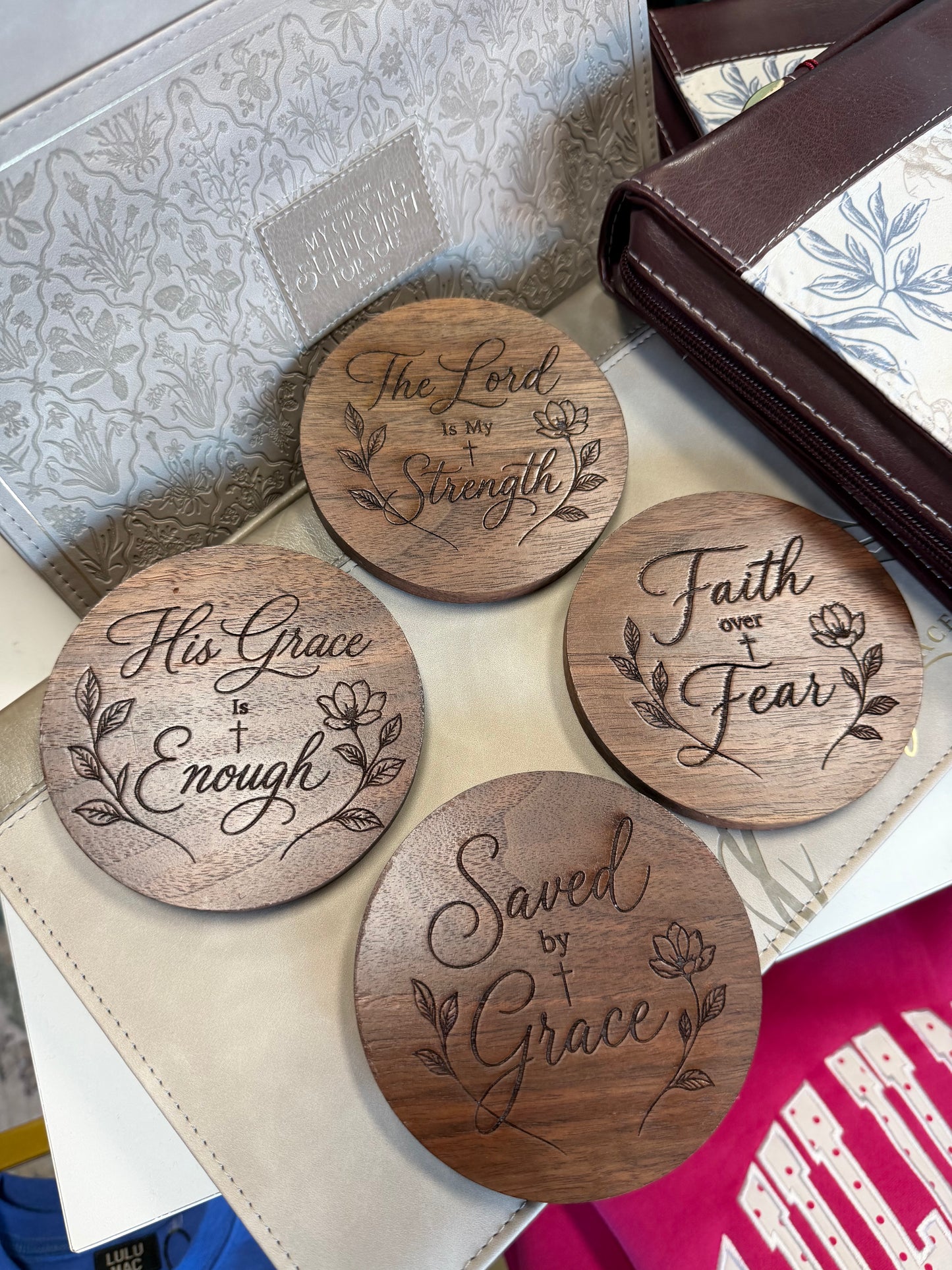 Engraved Solid Walnut Coasters - Four Designs