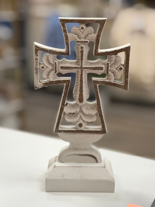 White Washed Carved Cross on a Stand