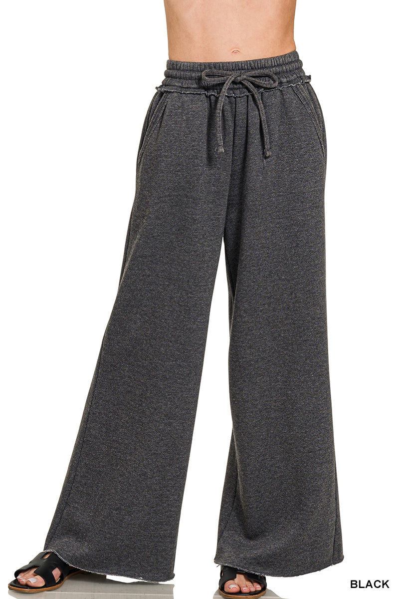 Zenana ACID WASH FLEECE PALAZZO SWEATPANTS WITH POCKETS