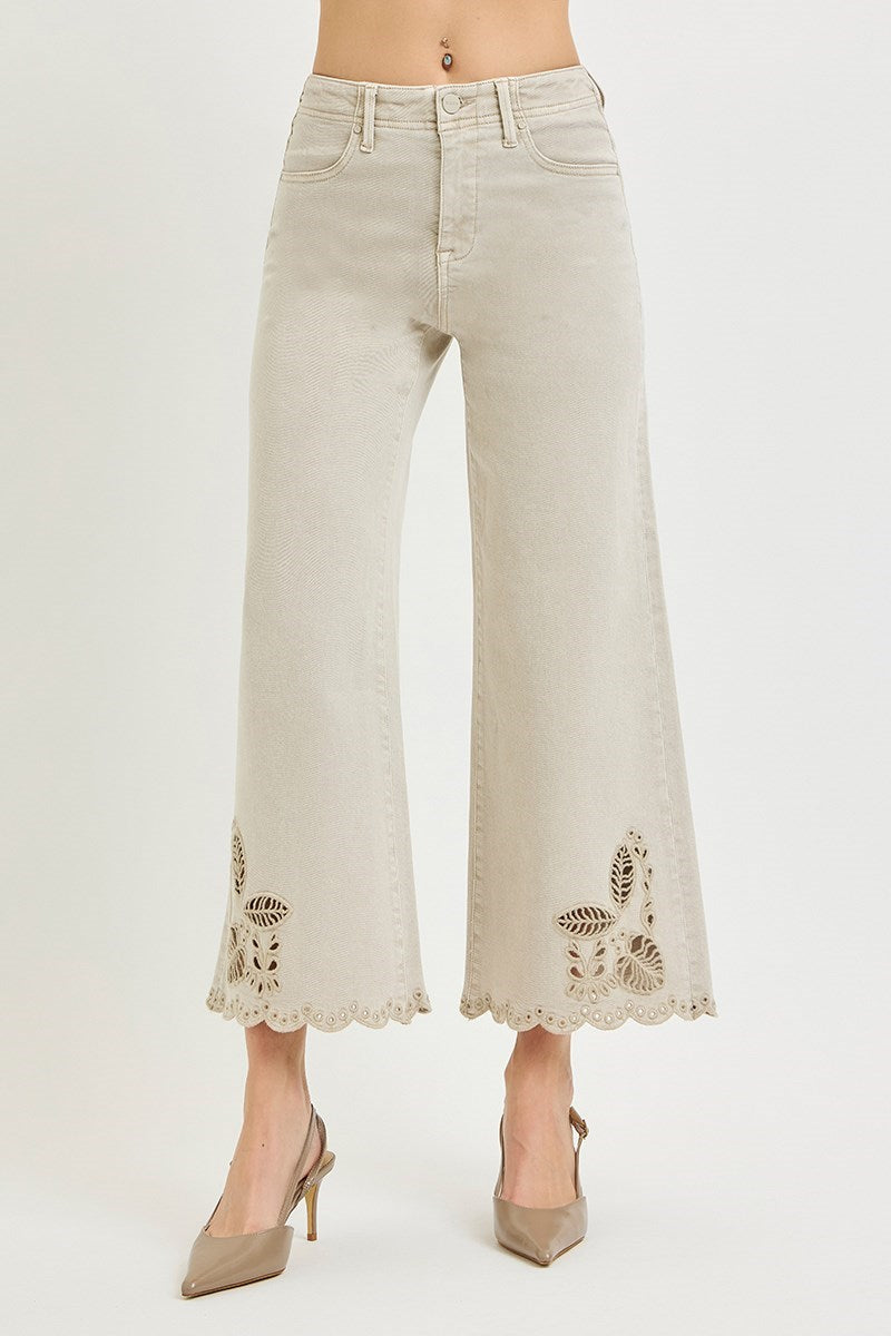 TUMMY CONTROL HR CROP WIDE EYELET-EMBROIDERED HEM PANTS