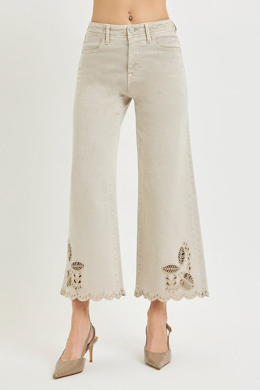 TUMMY CONTROL HR CROP WIDE EYELET-EMBROIDERED HEM PANTS