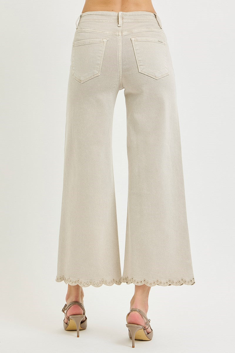 PLUS TUMMY CONTROL HR CROP WIDE EYELET-EMBROIDERED HEM PANTS