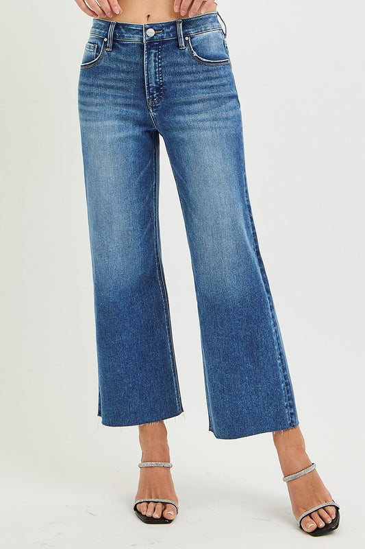RISEN TUMMY CONTORL HIGH RISE CROP WIDE CREASED JEANS - PLUS