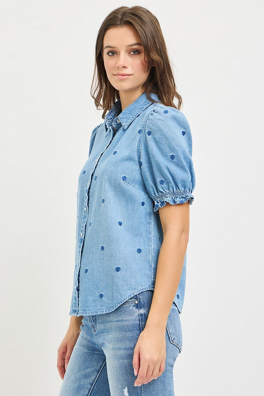 PUFFED SLEEVE HEART EMBROIDERED SHIRTS by RISEN