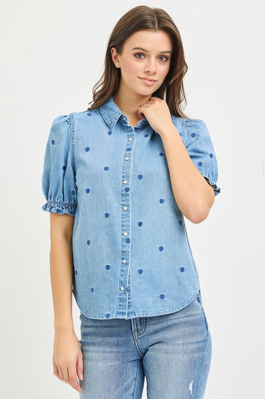 PUFFED SLEEVE HEART EMBROIDERED SHIRTS by RISEN