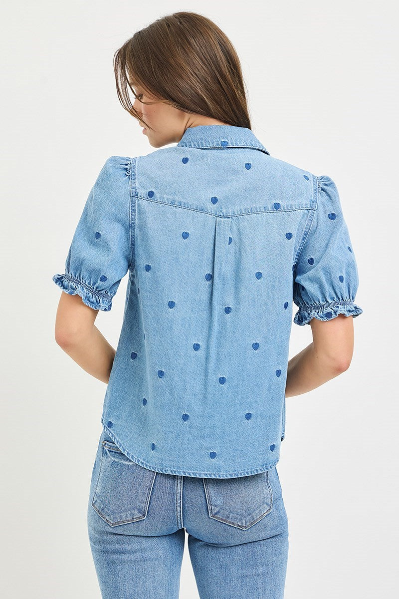 PUFFED SLEEVE HEART EMBROIDERED SHIRTS by RISEN