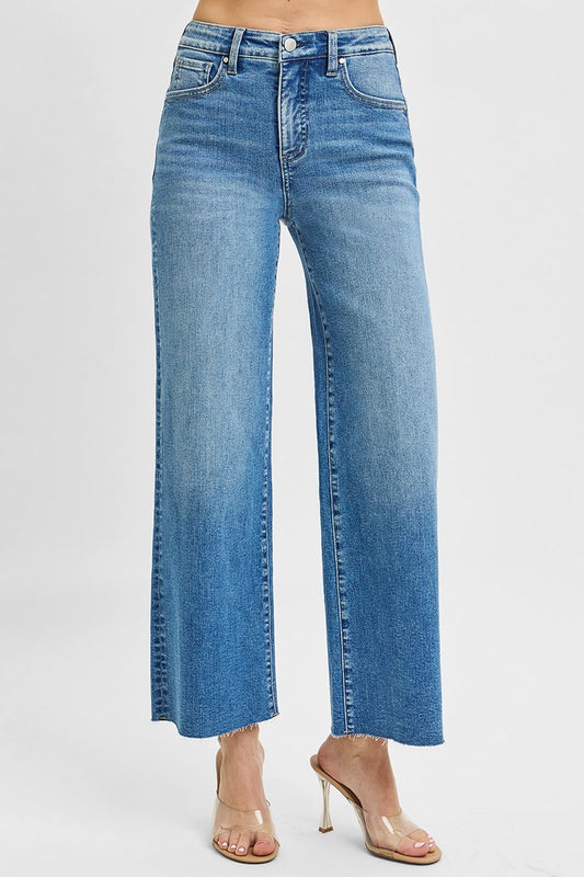 RISEN TUMMY CONTROL HIGH RISE CROP WIDE LEG JEANS