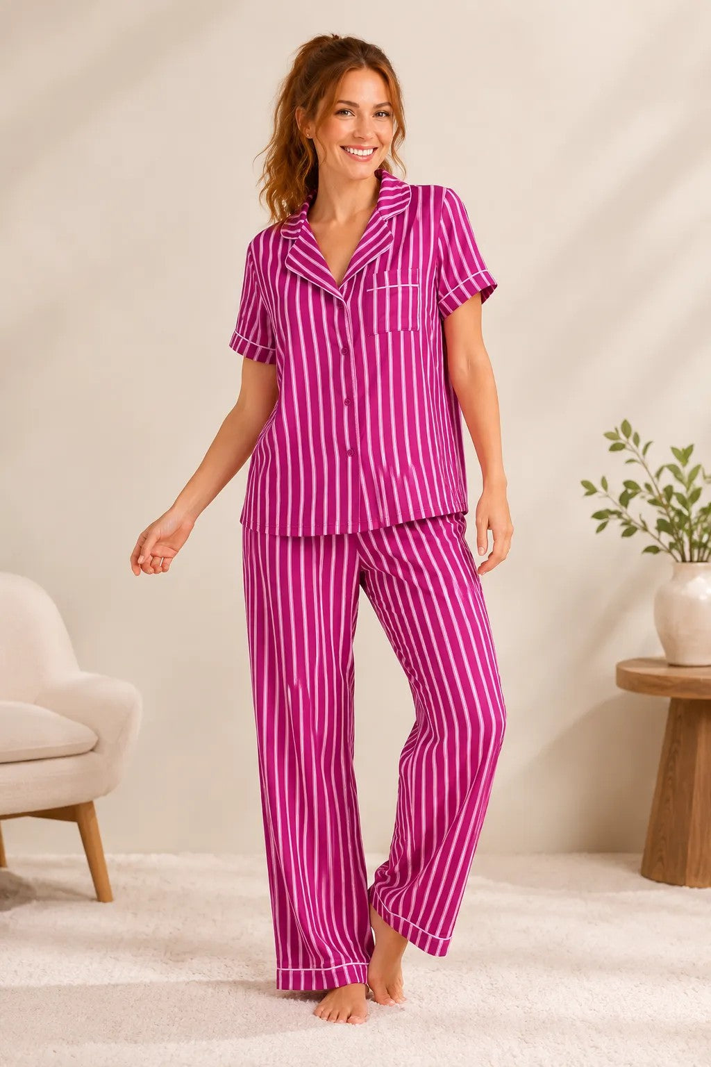 S/S Yummy Top & Pull On PJ Set - Pink Stripe
