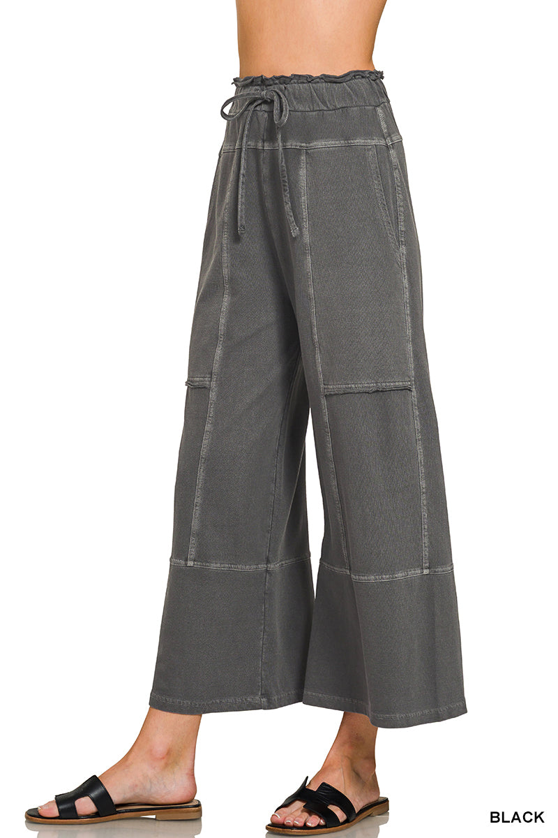 Zenana PLUS FRENCH TERRY WASHED EXPOSED-SEAM WIDE LEG PANTS