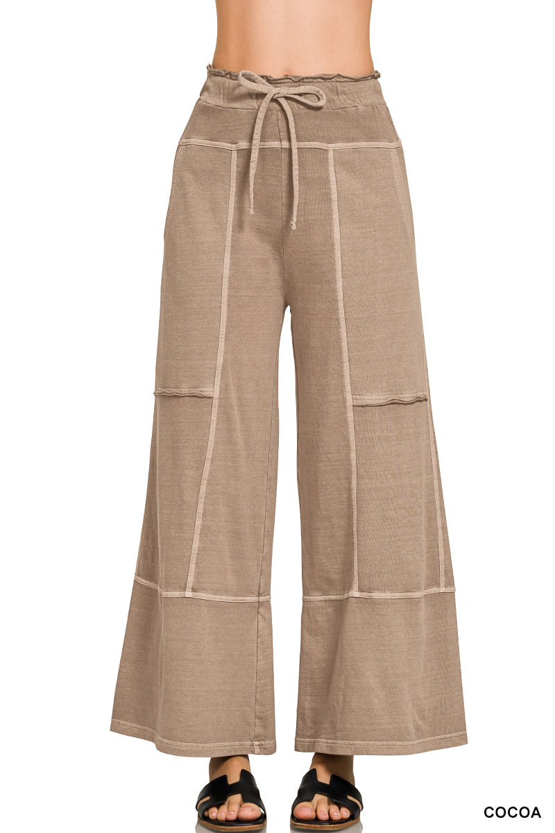 Zenana FRENCH TERRY WASHED EXPOSED-SEAM WIDE LEG PANTS