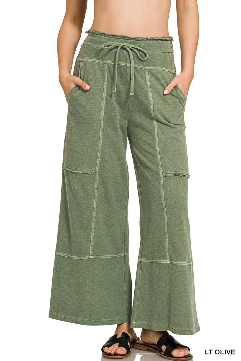 Zenana FRENCH TERRY WASHED EXPOSED-SEAM WIDE LEG PANTS