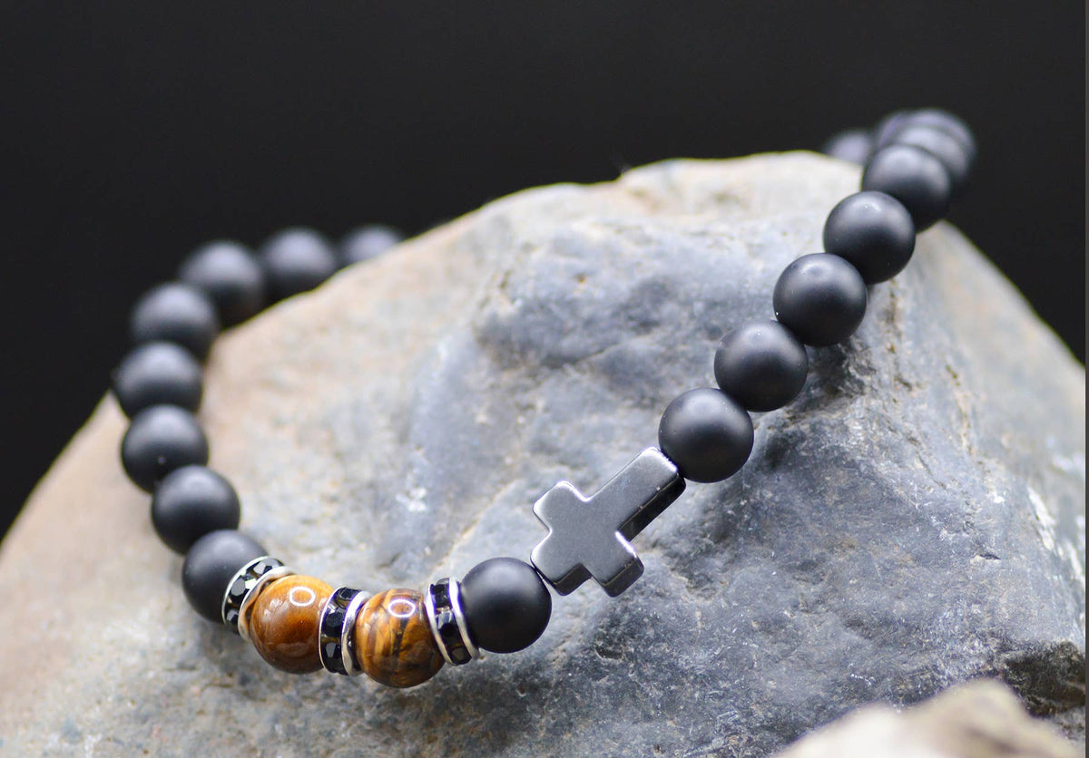 Men’s Black Onyx & Tiger Eye Cross Stretchable Bracelet