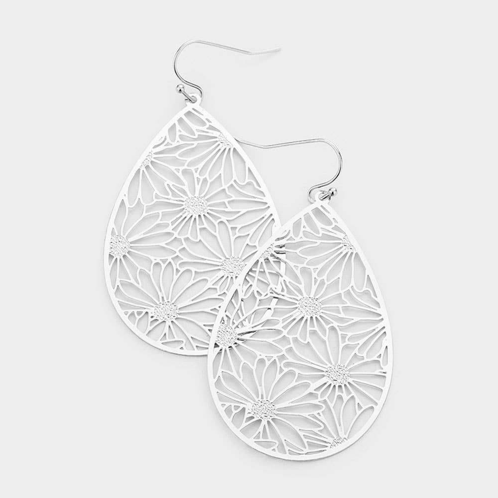 Filigree Flower Detail Brass Metal Teardrop Dangle Earrings