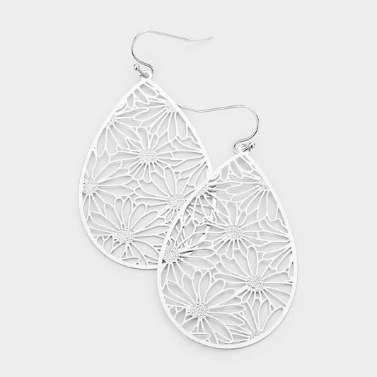Filigree Flower Detail Brass Metal Teardrop Dangle Earrings