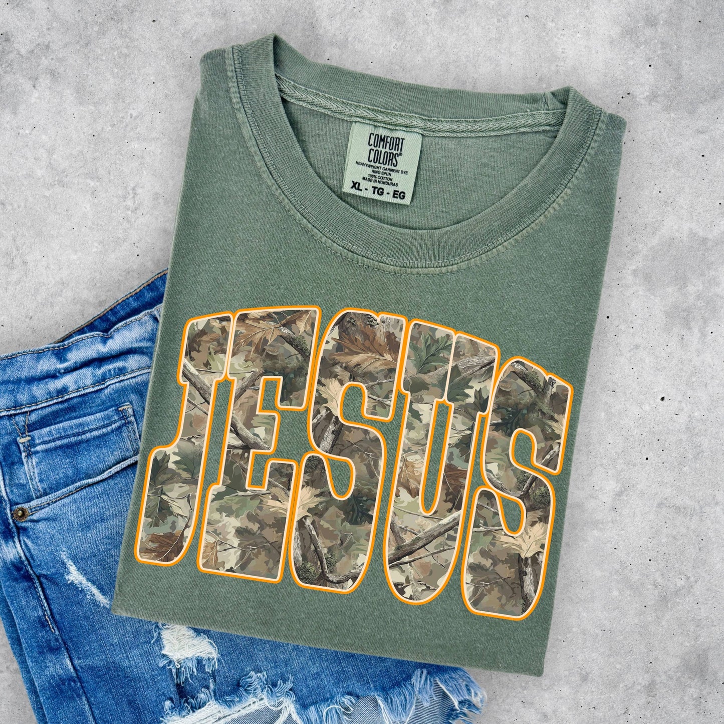 Jesus Christian Faith Green Tree Camo Comfort Colors Shirt