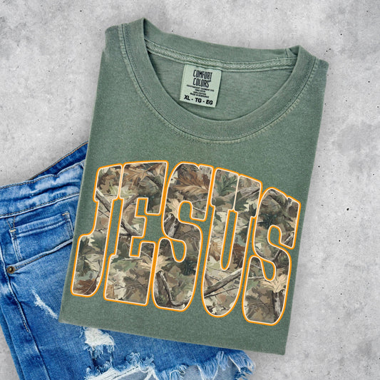 Jesus Christian Faith Green Tree Camo Comfort Colors Shirt