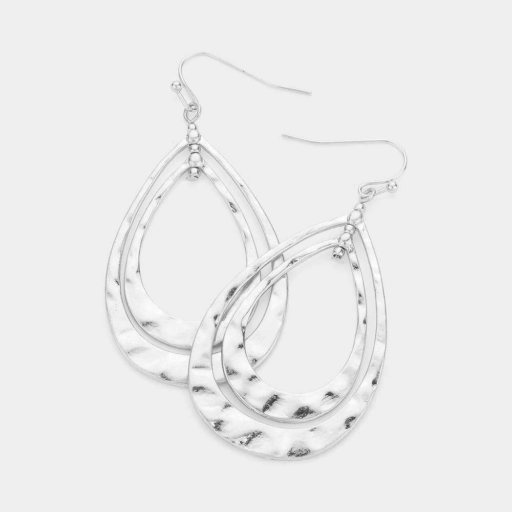 Hammered Metal Double Layered Teardrop Dangle Earrings
