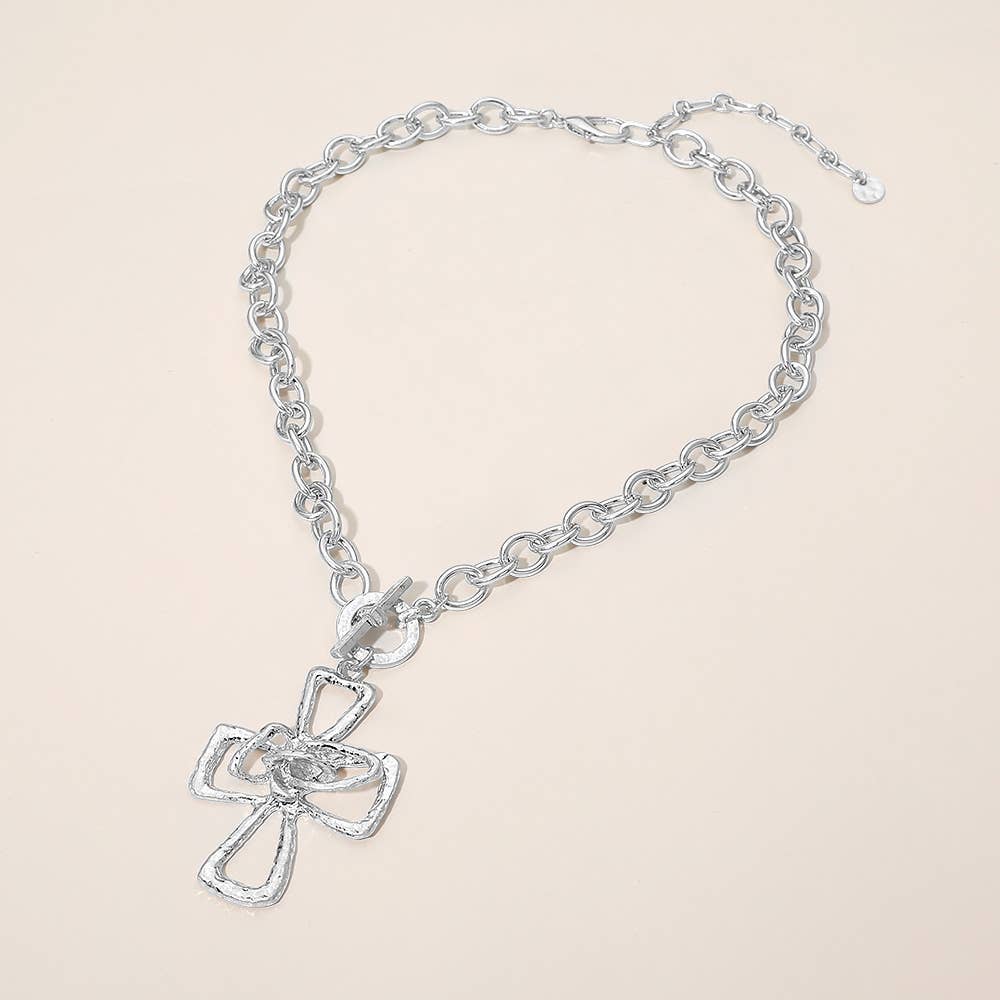 Hammered Metal Cross Toggle Pendant Necklace