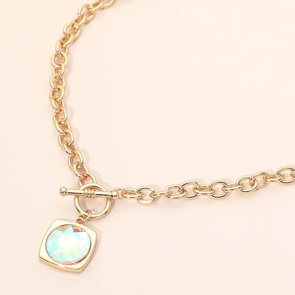 Round Faceted Stone Accent Frame Toggle Pendant Necklace