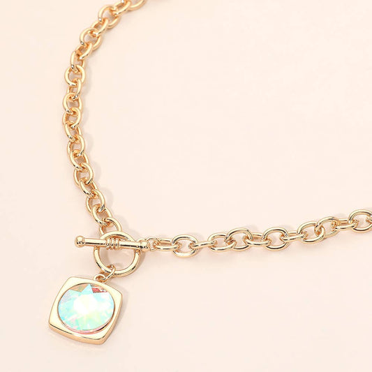 Round Faceted Stone Accent Frame Toggle Pendant Necklace
