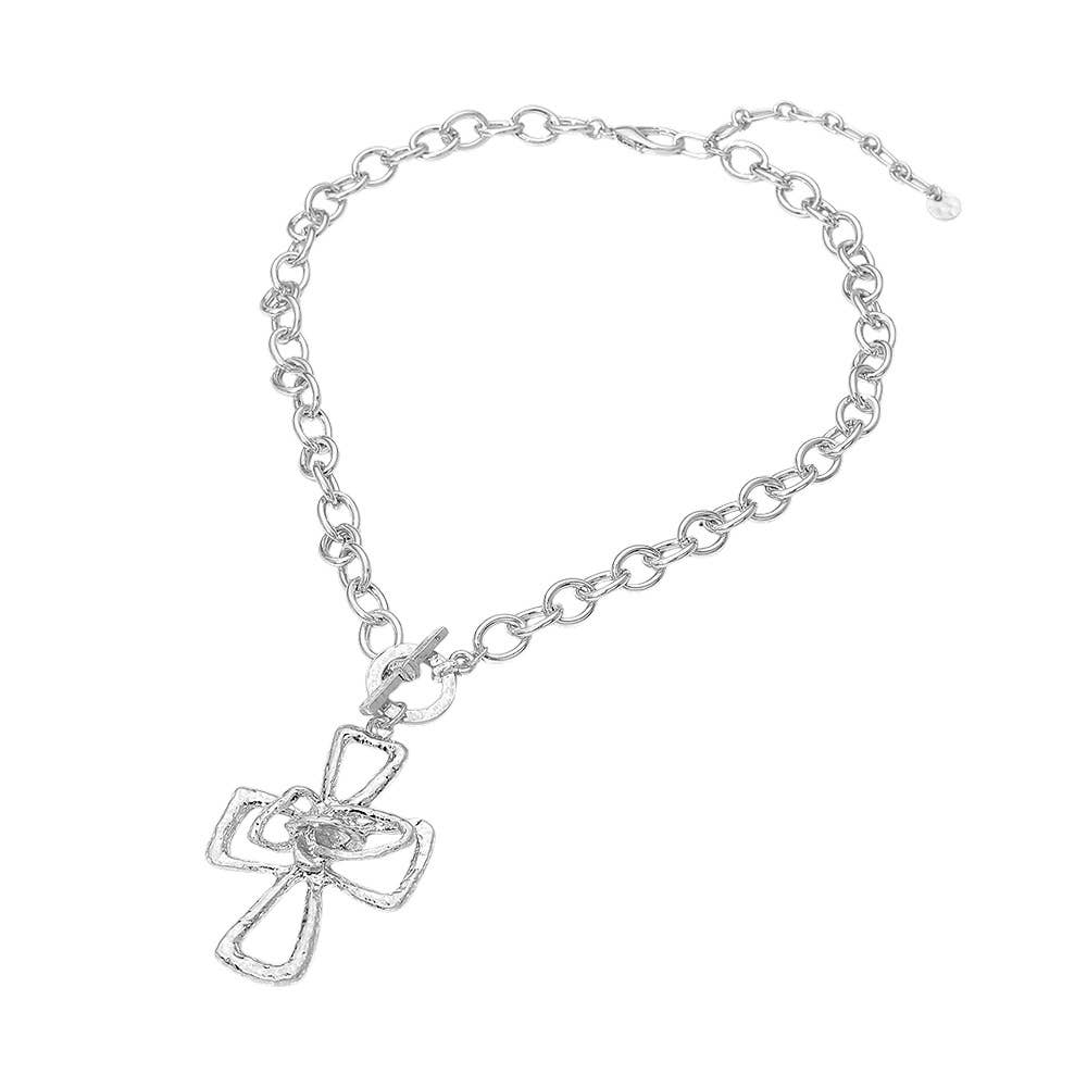 Hammered Metal Cross Toggle Pendant Necklace
