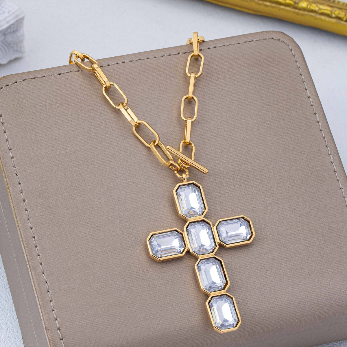 Bezel Set Rhinestone Cross Front Toggle Necklace | 80N93437