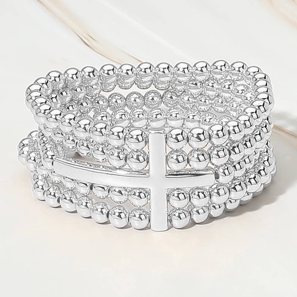 Metal Cross Accent Layered Beaded Strand Stretch Bracelet
