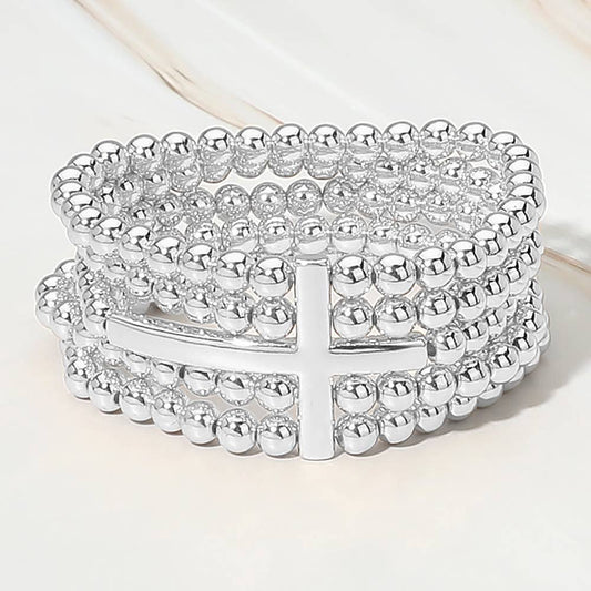 Metal Cross Accent Layered Beaded Strand Stretch Bracelet