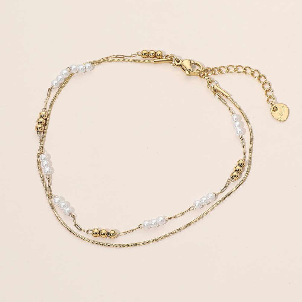 Stainless Steel Pearl Ball Beaded Layered Chain Anklet