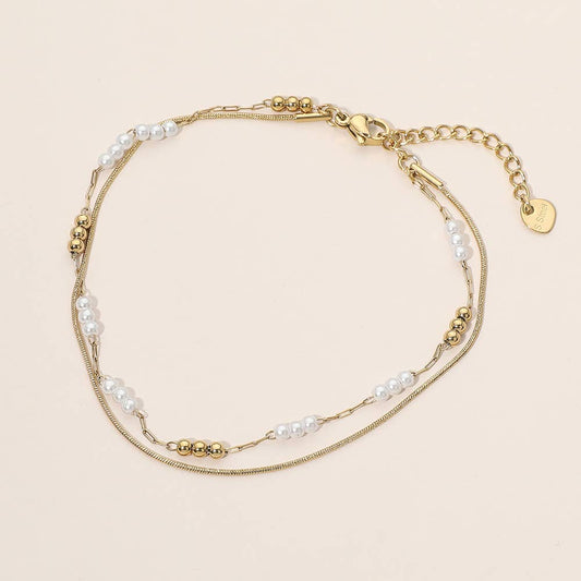 Stainless Steel Pearl Ball Beaded Layered Chain Anklet